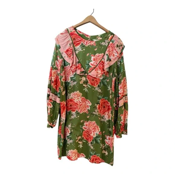 FARM Rio Anthropologie Elinor Tunic Dress Green & Pink Floral Ruffle Size M - Picture 5 of 14